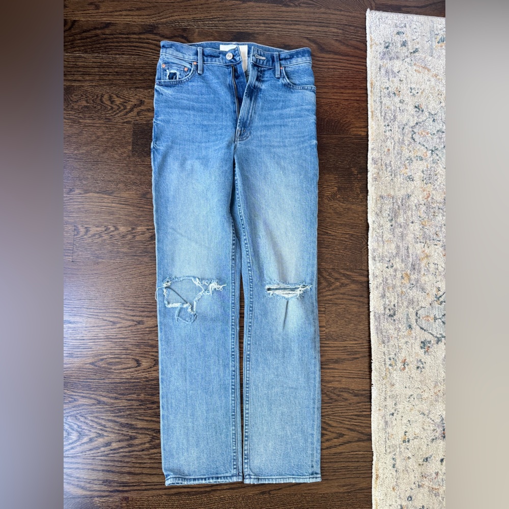 MOTHER Blue Straight Leg Jeans Distressed Vintage Look